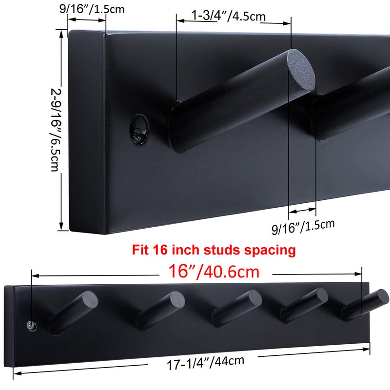 WEBI Coat Rack Wall Mounted,16" Hole to Hole,Coat Hanger Wall Mount with 5 Coat Hooks for Hanging,Hook Rack Peg Rail for Hats,Jacket,Clothes,Towels,Black - Image 2